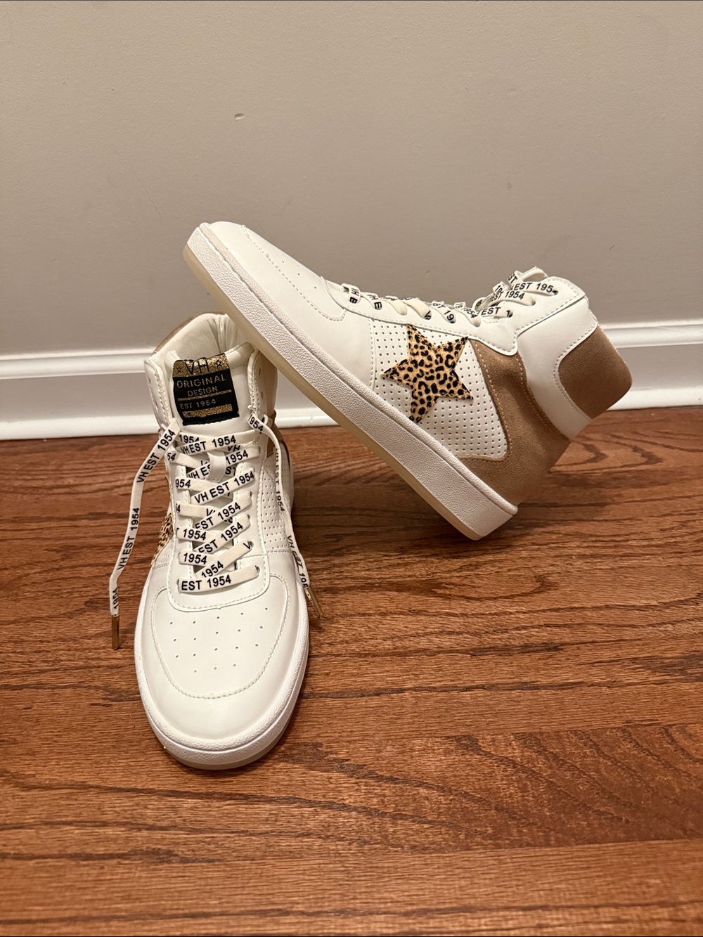 Vintage Havana Cream High-Top Sneakers with Leopard Star and Tan Heel